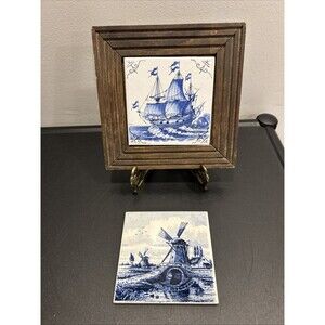 2 Vintage Blue White Tiles Windmill Water 4” Boat
